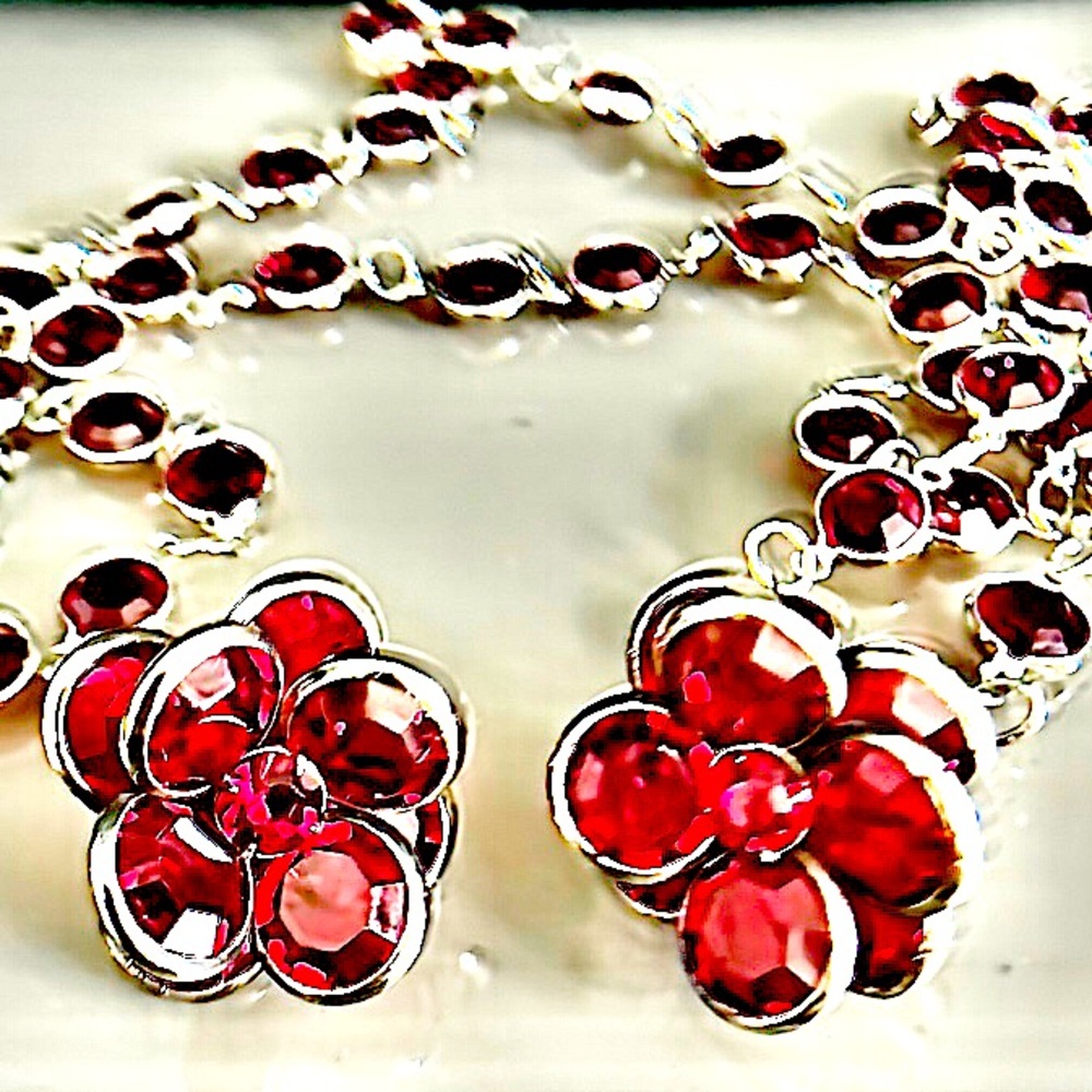 Rafaelian Open Bezel Set Crystal Red Chiclet Necklace and Earrings Set  NOS